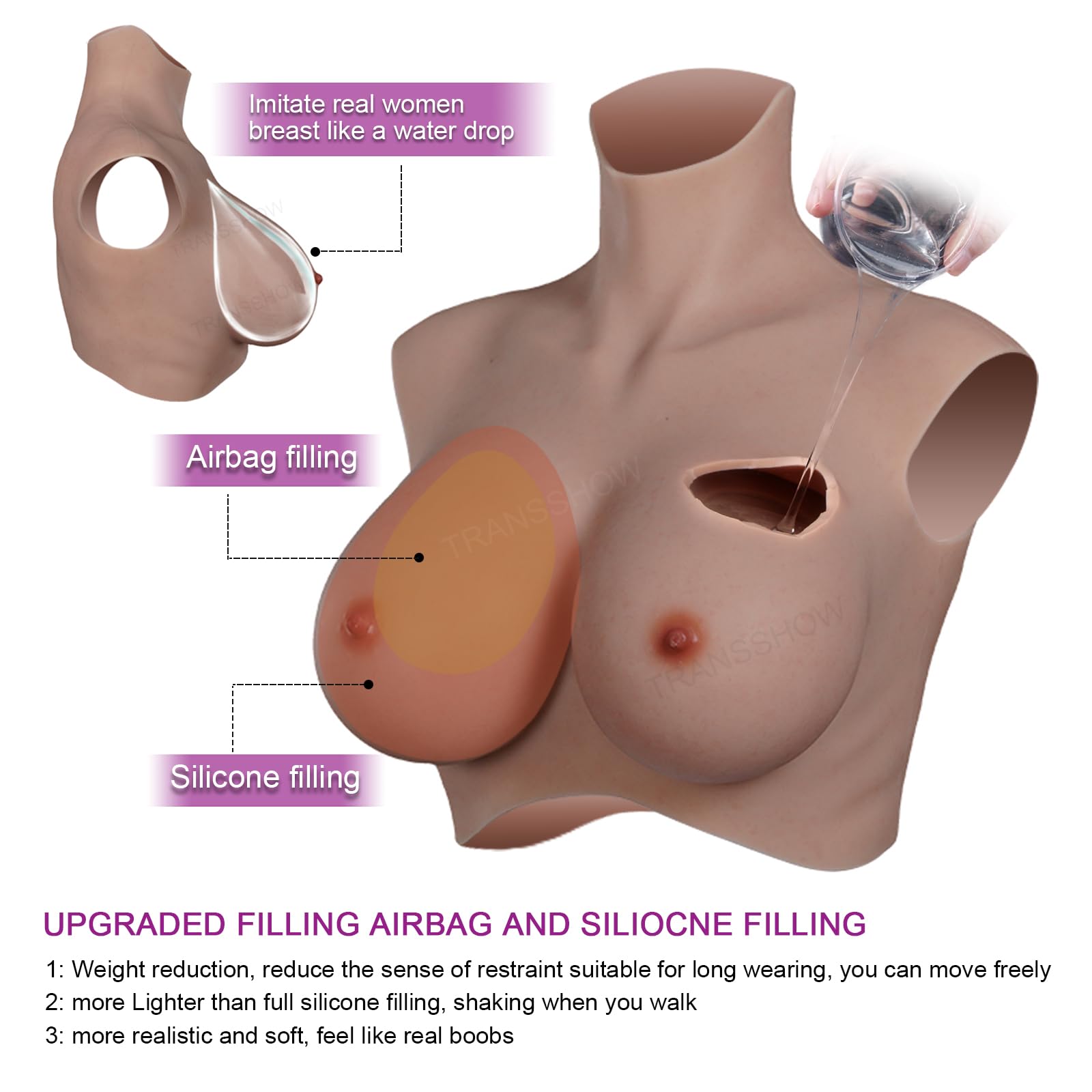 kikookikoo Silicone Breastplate for Crossdressers High Collar Realistic Fake Breast forms for Transgender Drag Queen Cosplay