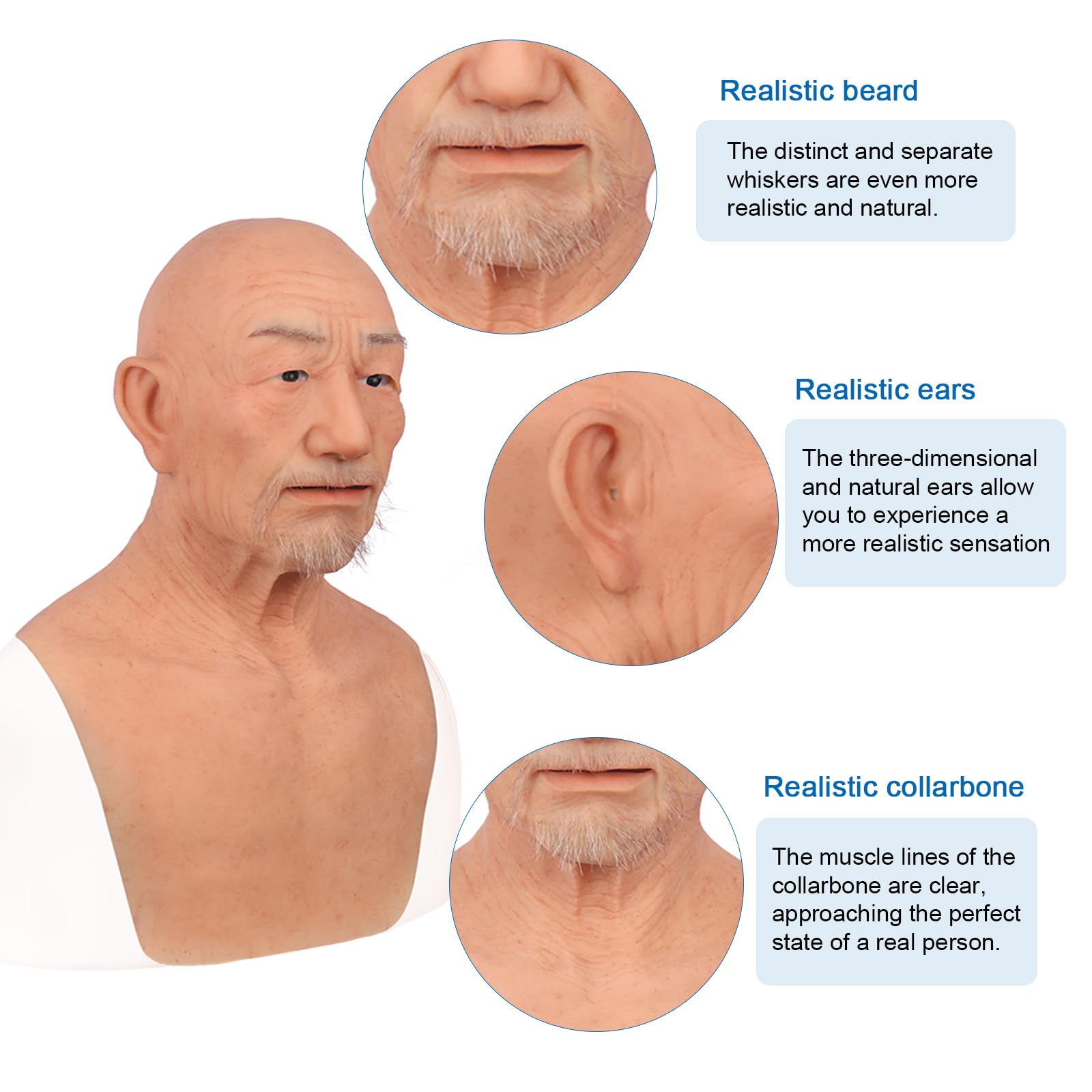 kikookikoo Realistic Old Man Silicone Head Mask for Halloween Cosplay Full Face Skin Makeup without mustache