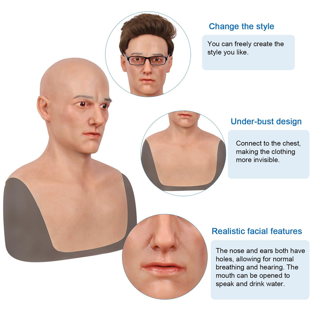 kikookikoo Realistic Silicone Full Head Mask Natural Handsome Face for Men Cosplay Crossdresser Halloween